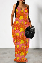 Orange Yellow Sexy Floral Print Pocket V Neck Printed Dresses