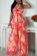 Red Elegant Print Hollow Out Patchwork Backless Ruched Halter Loose Jumpsuits