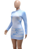 Light Blue Sexy Print Patchwork Pearls Decor O Neck Wrapped Skirt Dresses
