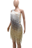 White Sexy Fringed Trim Patchwork Backless Oblique Collar Irregular Dresses
