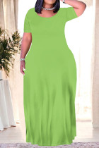 Grass Green Casual Daily Solid Color Pocket O Neck Printed Plus Size Dresses