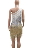 White Sexy Fringed Trim Patchwork Backless Oblique Collar Irregular Dresses