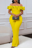 White Sexy Solid Color Patchwork Backless Ruffled Trim Off Shoulder Regular Jumpsuits