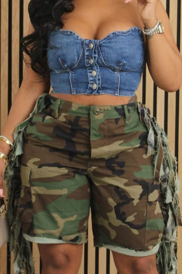 Camouflage Street Camouflage Print Fringed Trim Buttons Patchwork Zipper Loose High Waist Straight Full Print Bottoms