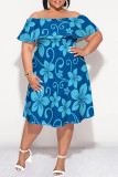 Blue Casual Floral Print Ruffle Off Shoulder Printed Plus Size Dresses