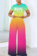 Green Purple Casual Gradient Print Letter Print Basic O Neck Short Sleeve Two Pieces