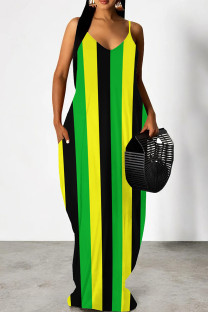 Green Yellow Casual Print Patchwork Backless Spaghetti Strap Sling Dresses