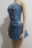 Blue Sexy Print Pocket Buckle Patchwork Ruched Strapless Sleeveless Two Pieces