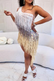 White Sexy Fringed Trim Patchwork Backless Oblique Collar Irregular Dresses