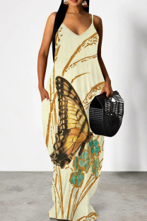 Khaki Elegant Print Patchwork Backless Spaghetti Strap Sling Dresses
