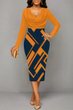 Red Elegant Geometric Print Contrast V Neck Printed Dresses