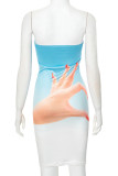 Blue Sexy Print Patchwork Backless Strapless Wrapped Skirt Dresses