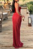 Red Sexy Solid Color Patchwork Backless Strapless Strapless Dresses