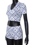 White Sexy Plaid Patchwork Deep V Neck Short Sleeve Two Pieces