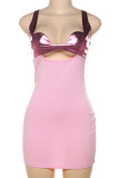 Pink Sexy Hollow Out Patchwork Backless Asymmetrical Collar Wrapped Skirt Dresses