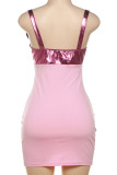 Pink Sexy Hollow Out Patchwork Backless Asymmetrical Collar Wrapped Skirt Dresses