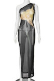 Black Casual Print See-Through Slit Oblique Collar Long Dresses