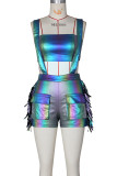 Rose Red Sexy Fringed Trim Hollow Out Pocket Patchwork Backless Strapless Sleeveless Two Pieces