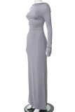 Grey Elegant Solid Color Patchwork Ruched O Neck Long Dresses