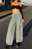 Light Gray Casual Solid Color Draw String Pocket Patchwork Loose Mid Waist Wide Leg Patchwork Bottoms