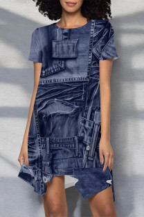 Dark Blue Casual Faux Denim Print O Neck Printed Short Sleeve Dress