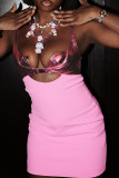 Pink Sexy Hollow Out Patchwork Backless Asymmetrical Collar Wrapped Skirt Dresses
