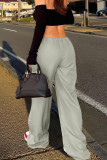 Light Gray Casual Solid Color Draw String Pocket Patchwork Loose Mid Waist Wide Leg Patchwork Bottoms