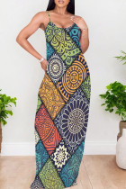 Green Yellow Elegant Print Patchwork Backless Spaghetti Strap Sling Dresses