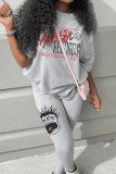 Grey Casual Print Patchwork O Neck Half Sleeve Two Pieces