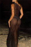 Black Casual Print See-Through Slit Oblique Collar Long Dresses