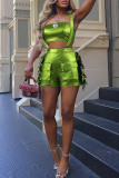 Rose Red Sexy Fringed Trim Hollow Out Pocket Patchwork Backless Strapless Sleeveless Two Pieces