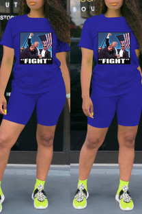 Royal Blue Casual Print Patchwork O Neck Short Sleeve Two Pieces