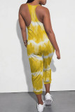 Yellow Casual Street Tie Dye Print Pocket Contrast V Neck Loose Jumpsuits