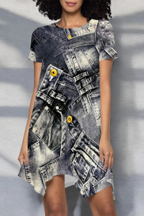 Grey Casual Faux Denim Print O Neck Printed Short Sleeve Dress