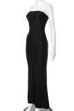 Black Sexy Solid Color Patchwork Backless Strapless Long Dresses