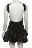 Black Sexy Solid Color Hollow Out Patchwork Backless Halter A Line Dresses
