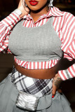 Red White Street Stripe Buckle Patchwork Shirt Collar Tops(Two Pieces)