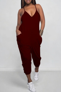 Burgundy Sexy Solid Color Pocket Patchwork Backless Spaghetti Strap Regular Jumpsuits