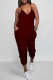 Burgundy Sexy Solid Color Pocket Patchwork Backless Spaghetti Strap Regular Jumpsuits