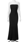 Black Sexy Solid Color Patchwork Backless Strapless Long Dresses
