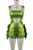 Rose Red Sexy Fringed Trim Hollow Out Pocket Patchwork Backless Strapless Sleeveless Two Pieces