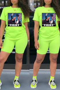 Fluorescent Green Casual Print Patchwork O Neck Short Sleeve Two Pieces