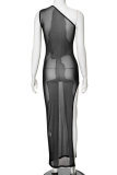 Black Casual Print See-Through Slit Oblique Collar Long Dresses