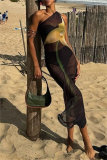 Black Casual Print See-Through Slit Oblique Collar Long Dresses