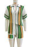 Green Casual Stripe Hollow Out Buckle Patchwork V Neck Short Sleeve Two Pieces