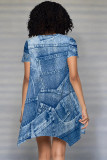 Baby Blue Casual Faux Denim Print O Neck Printed Short Sleeve Dress