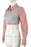 Red White Street Stripe Buckle Patchwork Shirt Collar Tops(Two Pieces)