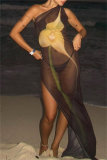 Black Casual Print See-Through Slit Oblique Collar Long Dresses