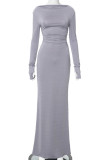 Grey Elegant Solid Color Patchwork Ruched O Neck Long Dresses