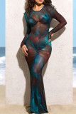 Blue Elegant Print Patchwork See-Through O Neck Long Dresses